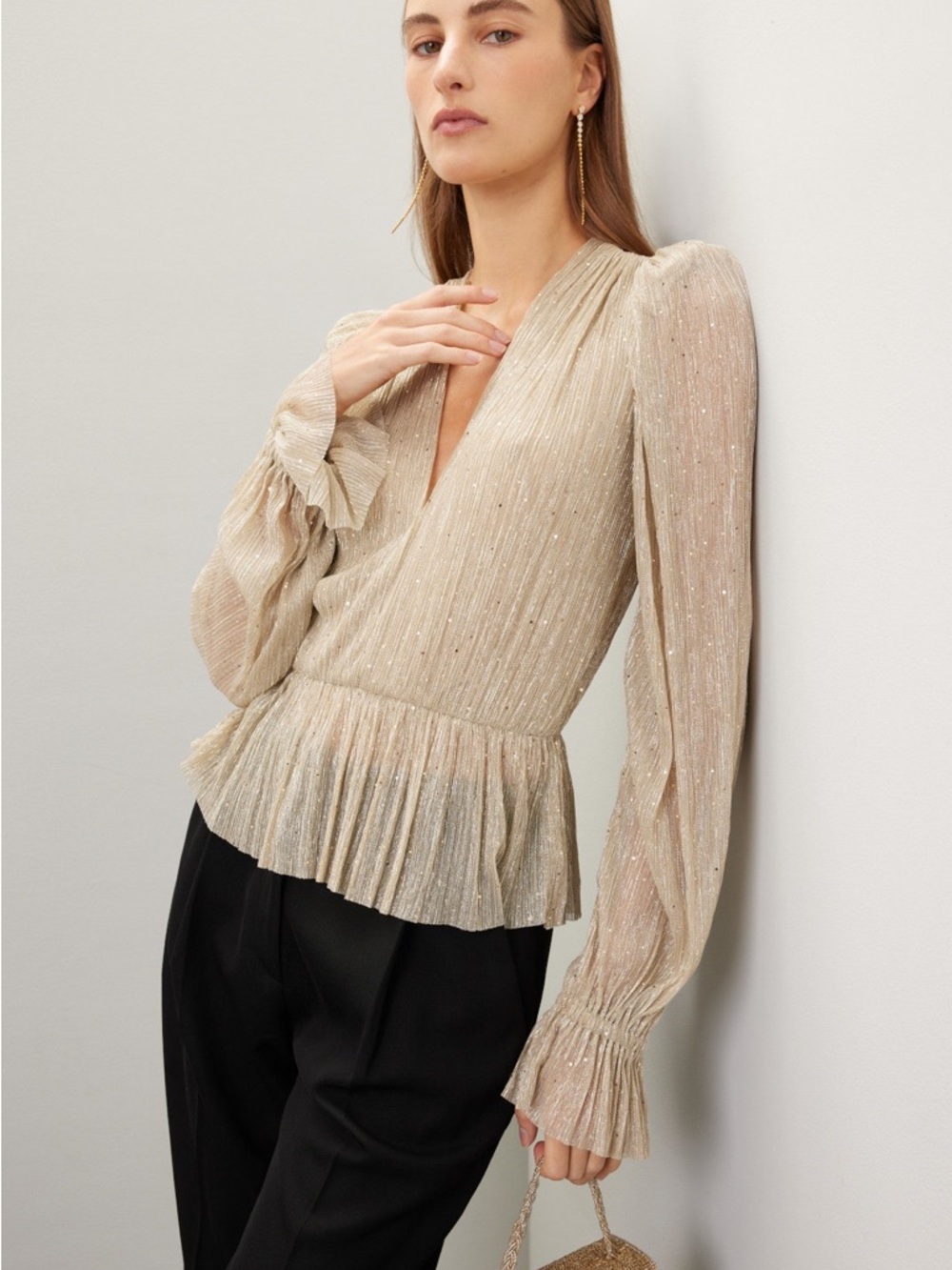 Sabina Musayev Champagne Metallic Peplum Blouse